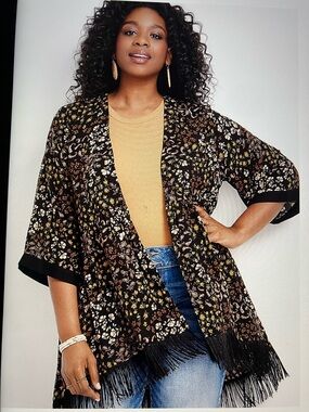 Maurices Black Floral Fringed Kimono with Mustard Accents